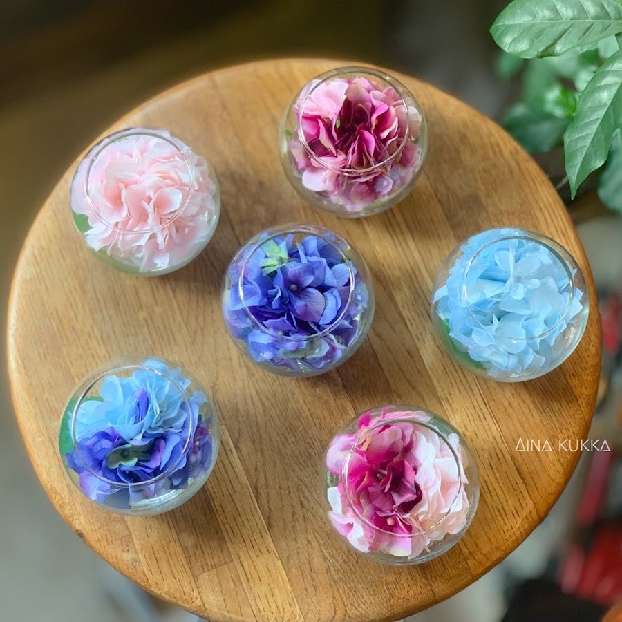 [紫陽花のガラスボールアレンジ]カラー6種/フェイクウォーター/アーティフィシャルフラワー